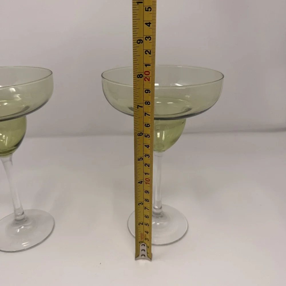 2 Hand-Blown Avocado Green Margarita Glasses with Clear Stems‎ - 7 1/2